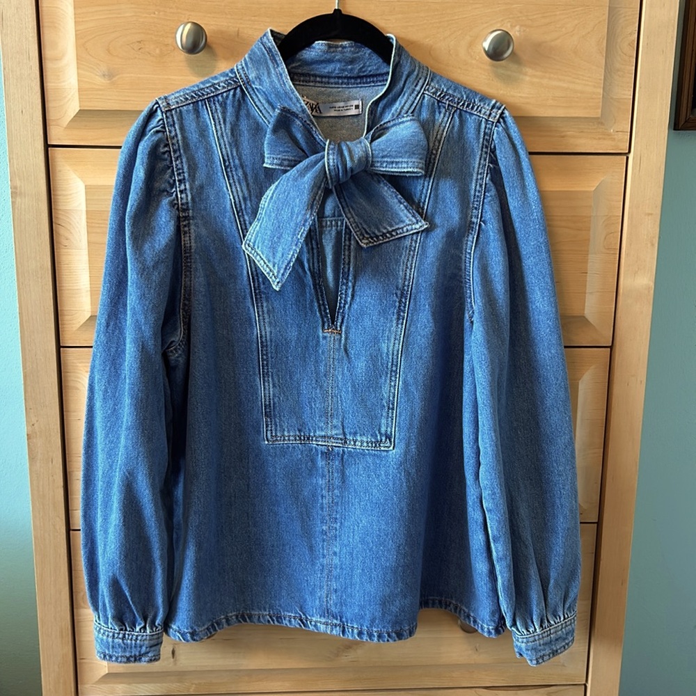 Zara Denim Neck Tie Blouse